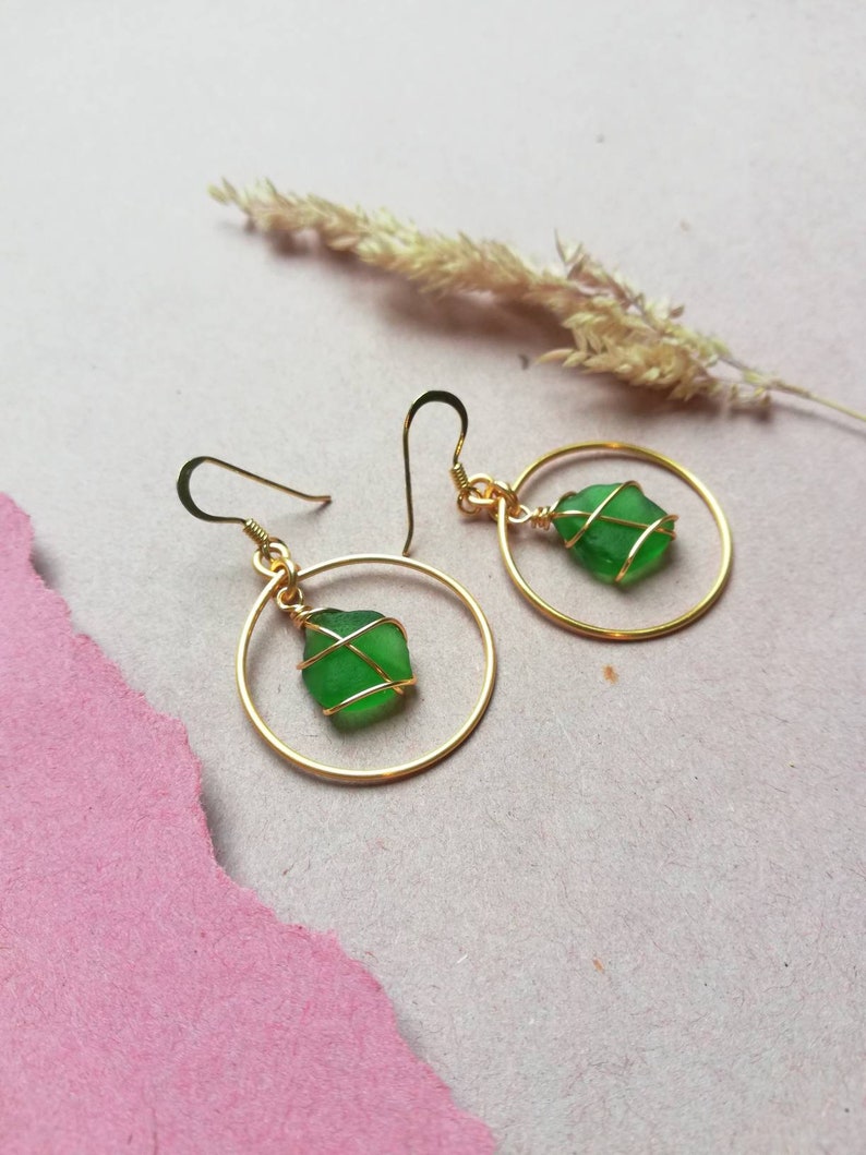 CHOOSE LOCATION // Bright Green Gold Hoop Earrings / Rois Scottish Sea Glass image 1