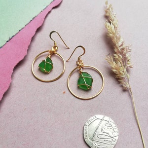 CHOOSE LOCATION // Bright Green Gold Hoop Earrings / Rois Scottish Sea Glass image 4