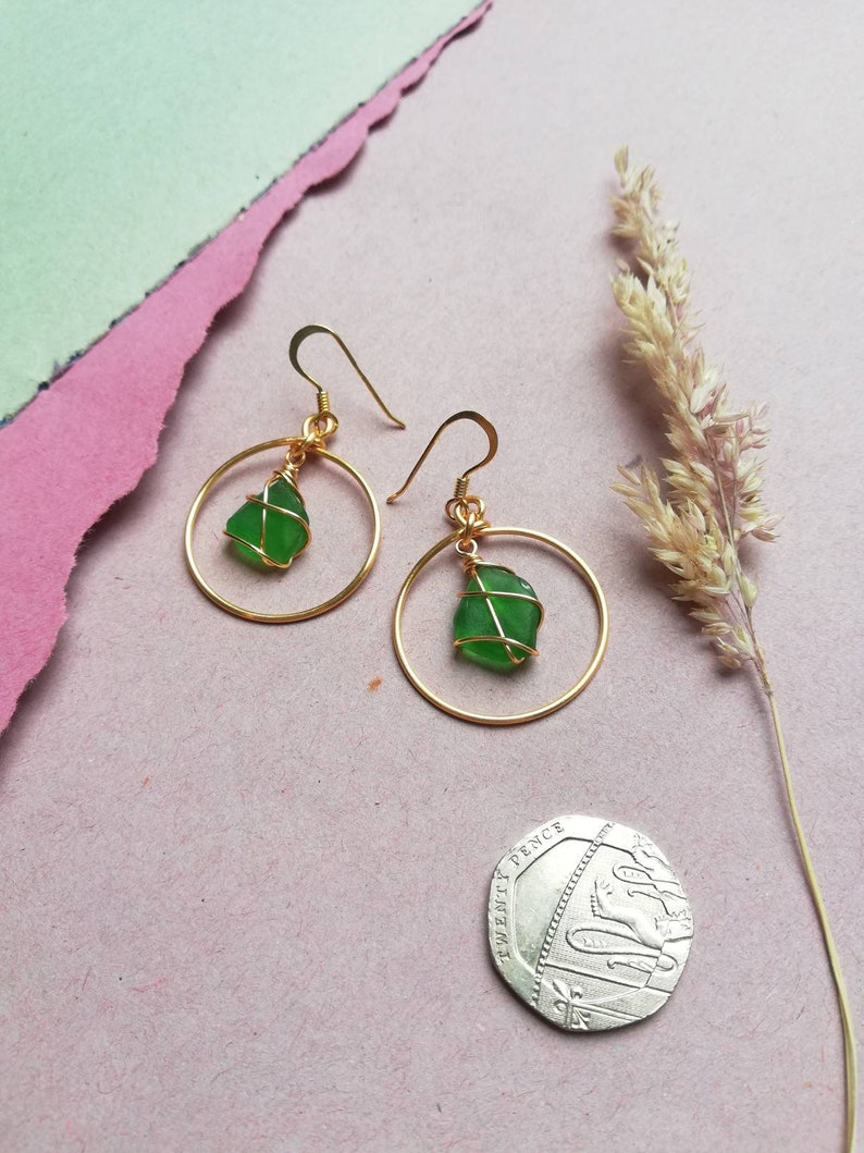 CHOOSE LOCATION // Bright Green Gold Hoop Earrings / Rois Scottish Sea Glass image 4