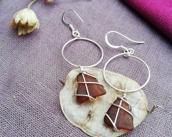 CHOOSE LOCATION // Brown + Silver Drop Hoop Earrings / Rois Scottish Sea Glass