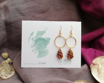 CHOOSE LOCATION // Brown Gold Drop Hoop Earrings / Rois Scottish Sea Glass