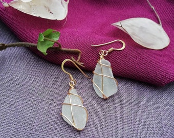 CHOOSE LOCATION // Frosted White + Gold Scottish Sea Glass Earrings / Handmade jewellery from Scotland  / Róis Scottish Sea Glass