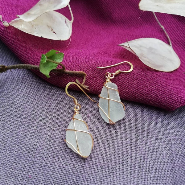 CHOOSE LOCATION // Frosted White + Gold Scottish Sea Glass Earrings / Handmade jewellery from Scotland  / Róis Scottish Sea Glass