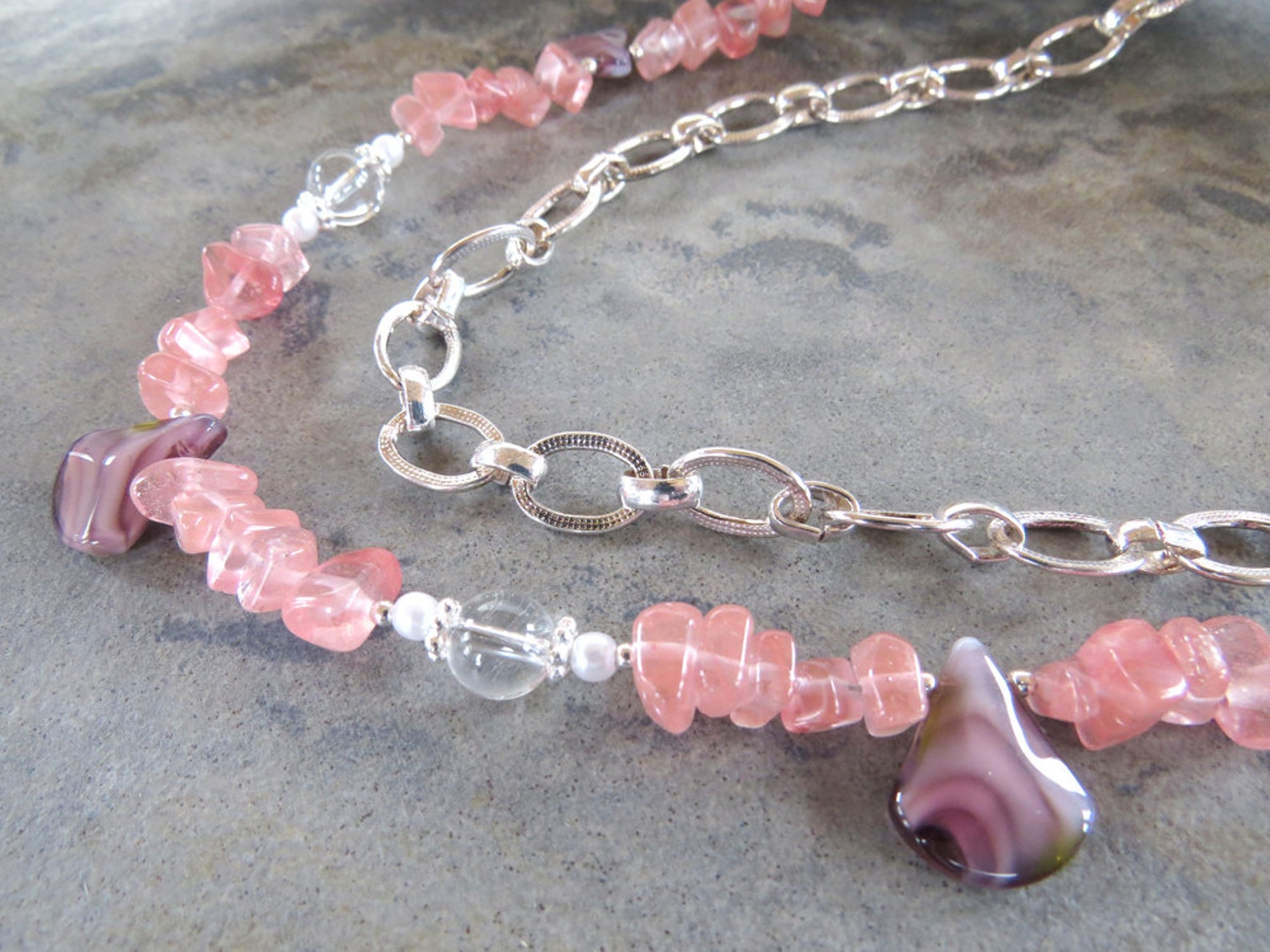 Pink Double Necklace Bead and Chain Necklace Pink and - Etsy