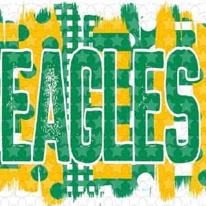 May include: Green and yellow graphic with the word "Eagles" in a distressed font. The background is a pattern of stars, polka dots, and checkered squares.