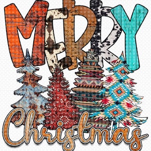 May include: A colorful Christmas design with the word "Merry" in large, stylized letters and the word "Christmas" in a smaller, stylized font. The design features four stylized Christmas trees with various patterns and colors, including red, blue, and brown.