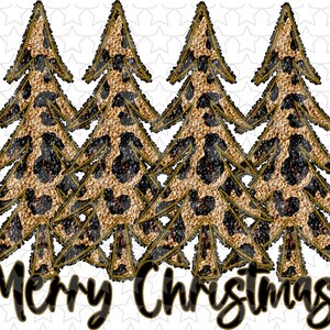 May include: Four gold glitter Christmas trees with a leopard print pattern. The trees are arranged in a row and the text "Merry Christmas" is written below them.
