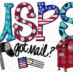 May include: USPS logo with red, white, and blue stars and stripes, surrounded by blue and red swirls. The text "got mail?" is below the logo. There are two red mailboxes with the word "MAIL" on them.