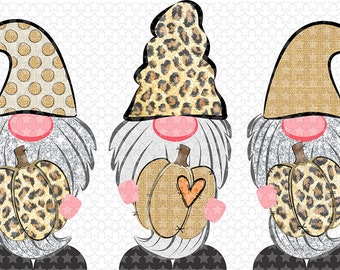 May include: Three gnomes holding pumpkins. The gnomes are wearing hats with different patterns: polka dots, leopard print, and burlap. The pumpkins are also decorated with leopard print and burlap.
