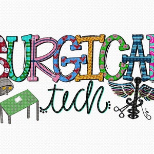 May include: Colorful graphic design with the text "SURGICAL tech:" and a medical symbol with wings. The design includes a surgical lamp and a table.