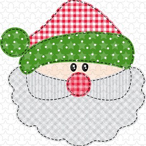 May include: A cartoon Santa Claus face with a red and white checkered hat, green hat with white stars, and a red and white checkered nose. The beard is gray and white checkered.