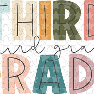May include: A colorful graphic design with the text "THIRD third grade GRADE" in a white background with a pattern of multicolored stars.