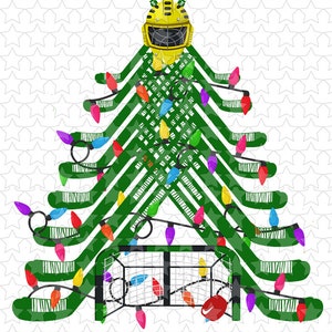 May include: A green Christmas tree made of hockey sticks with a yellow hockey helmet on top. The tree is decorated with colorful lights and a hockey net at the base.