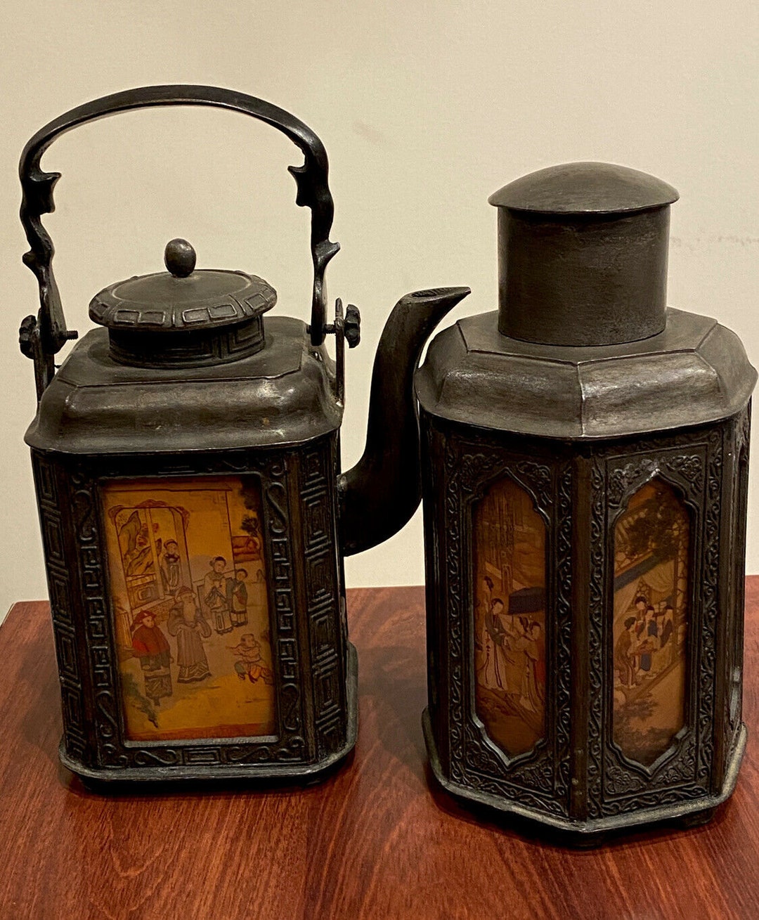 Antique Chinese Tea Pot & Matching Tea Caddy With Decorative Panels