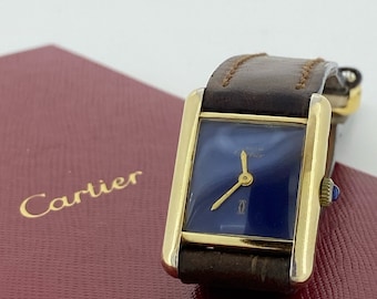 Must de Cartier Tank-Uhr mit blauem Zifferblatt, vergoldetes, vergoldetes Silber von Cartier, Damenuhr mit Lapis-Blau-Zifferblatt und manuellem Zifferblatt, rechteckige Cartier-Uhr