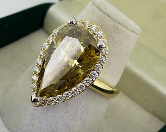 6.36ct Natural Pear Cut Diamond Ring, Over 6 Carat Pear Cut Diamond Ring in 18K Yellow Gold, Fancy Brownish Yellow Pear Earth-Mined Diamond