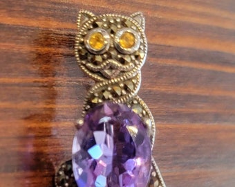 Marcasite and Amethyst Sterling Silver Cat Pin