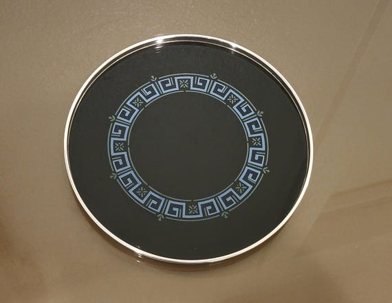 Vintage Gorham Sterling Silver & Glass Cocktail Tray | 7.5” Mid-Century Greek Key Design | Barware Serving Tray