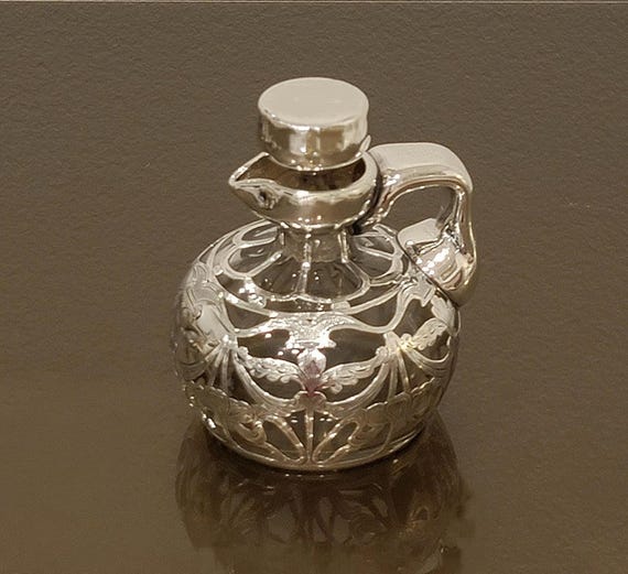 Antique Sterling Silver Overlay Decanter – Art Nouveau Glass Flask w/ Handle & Spout, Monogram “ELMB,” c.1900
