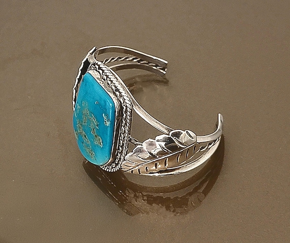 Sterling Silver Turquoise Cuff Bracelet – Feather Design – Substantial Artisan Southwestern Cuff – 6.5” Fit