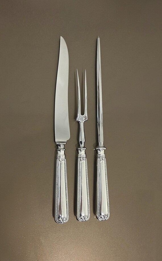 Birks BIR16 Sterling Silver 3-Piece Roast Carving Set – Knife Fork Sharpening Steel – Antique Beaded Scroll Handles
