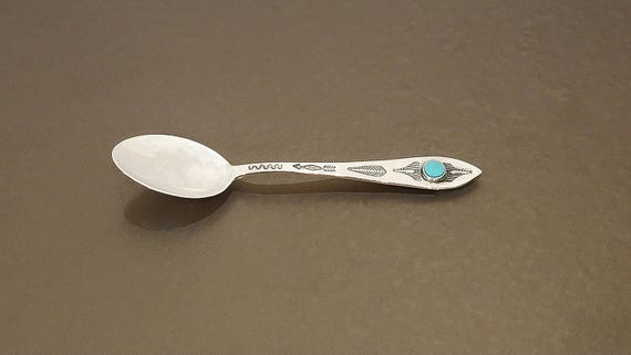 Vintage Southwestern Sterling Silver Turquoise Spoon – Navajo Style – Hand Stamped Native Motif – 3-3/4” Collector Spoon
