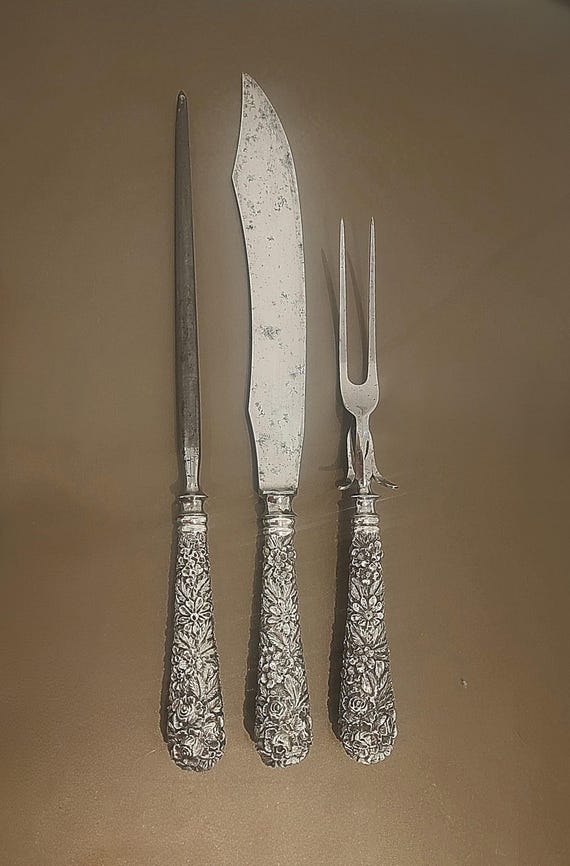 Rare Kirk Repoussé Sterling Silver Carving Set – Full Wrap Around Handles – Original Carbon Steel – 14 1/2” 3 Piece Service Set