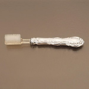 May include: A silver toothbrush with a decorative handle and white bristles.