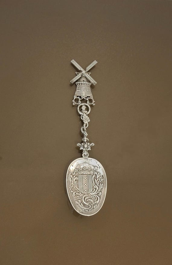 Antique Dutch Silver Windmill Spoon – 10-1/2"  Figural Handle – Hallmarked