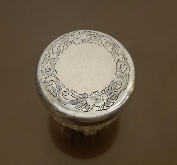 Vintage Sterling Silver Clothes Brush – Floral Engraved Lid with Lucite Bristles