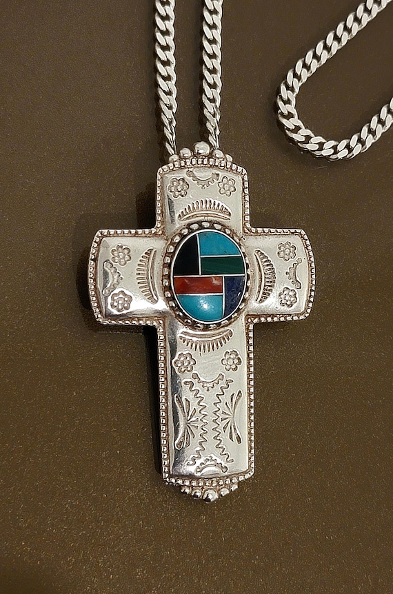Carolyn Pollack Relios Sterling Silver Inlay Cross Pendant Necklace – Southwestern Multi-Stone Mosaic Cross – Vintage 925 Silver