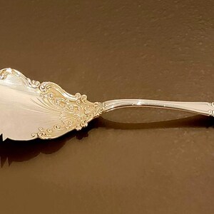 May include: A silver serving spoon with an ornate, leaf-shaped design. The spoon has a long handle and a wide, shallow bowl.