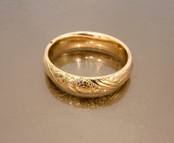 Antique Victorian Gold Filled Hinged Bangle Bracelet – Engraved Floral Repoussé – Monogrammed ESH – Wide Vintage Bracelet