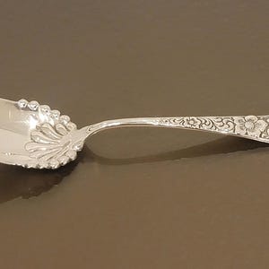 May include: A silver sugar spoon with a decorative floral and leaf design. The spoon features a scoop-shaped bowl and a handle with intricate engravings. The spoon is made of a shiny, reflective metal.