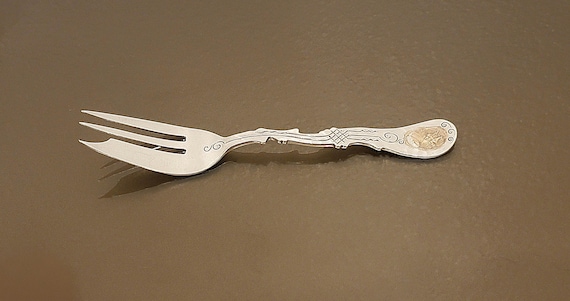 Antique Sterling Silver Serving Fork 14K Gold Wash Cameo, Etruscan Revival Medallion, Monogram M, Victorian Ornate Flatware