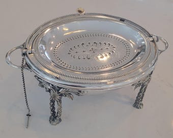 Rare Victorian Entrée / Bacon Server - Atkin Brothers Sheffield | Figural Palm Tree Legs | Engraved Dome | 12 x 9" Oval