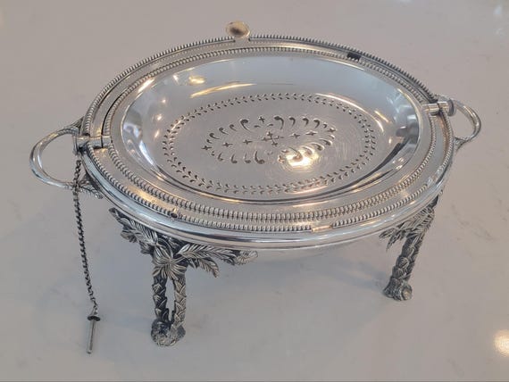 Rare Victorian Entrée / Bacon Server - Atkin Brothers Sheffield | Figural Palm Tree Legs | Engraved Dome | 12 x 9" Oval