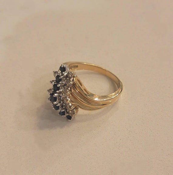 Vintage 14K Gold Sapphire & Diamond Cluster Ring – Size 6.5
