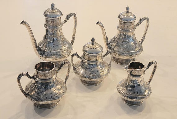 Large Heavy Architectural Gorham Sterling Silver 5-Piece Tea Set circa 1875