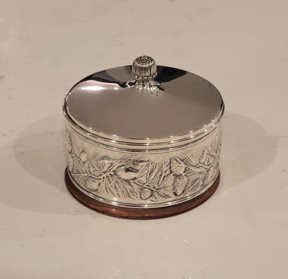 Vintage Gorham Sterling Silver Covered Keepsake Box – Hand-Chased Nature Design – Brown Velvet Interior
