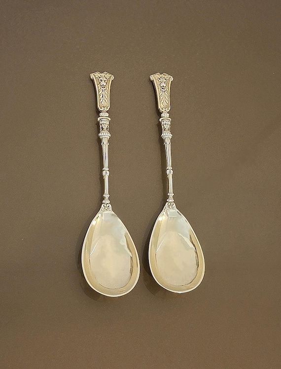 Antique European Fully Gilt Silver Serving Spoons – Pair – 7-1/2" – Ornate Figural Handles – 800 Silver
