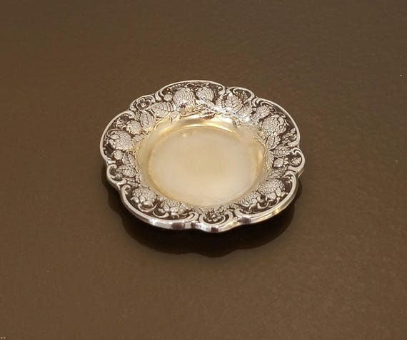 Antique Strawberry Repousse Sterling Butter Pat Dish by Mauser ca. 1895 - Gold Washed