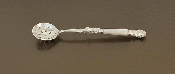 Antique EP A1 Sheffield England Silver Plate Sugar Sifter Spoon Mother of Pearl Handle Pierced Bowl 7 Inch