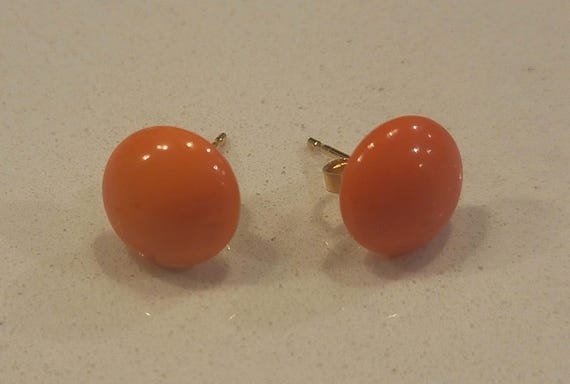 Vintage 14K Gold Coral Earrings | Natural Coral Cabochon | Classic Estate Fine Jewelry | Elegant Salmon Coral Studs