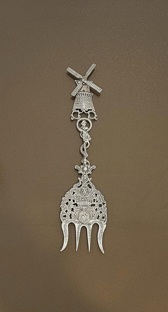 Antique Dutch Silver Serving Fork with Windmill Finial – 10-3/4" Pierced & Figural Handle – Netherlands