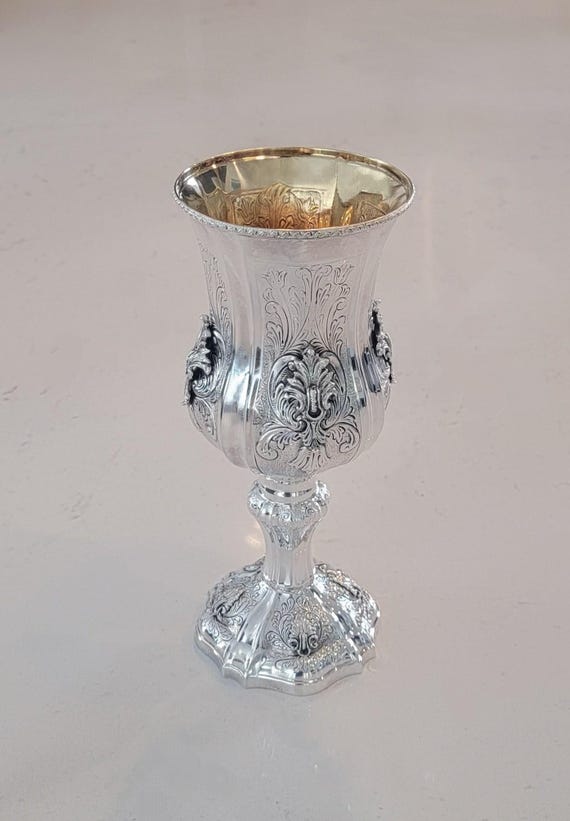 Large Hazorfim Sterling Silver Goblet 10" Judaica Kiddush Cup 925 Silver Vermeil Wine Chalice Israel 501 Grams