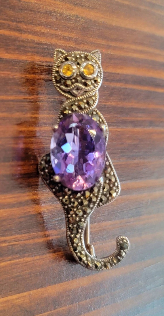 Marcasite and Amethyst Sterling Silver Cat Pin