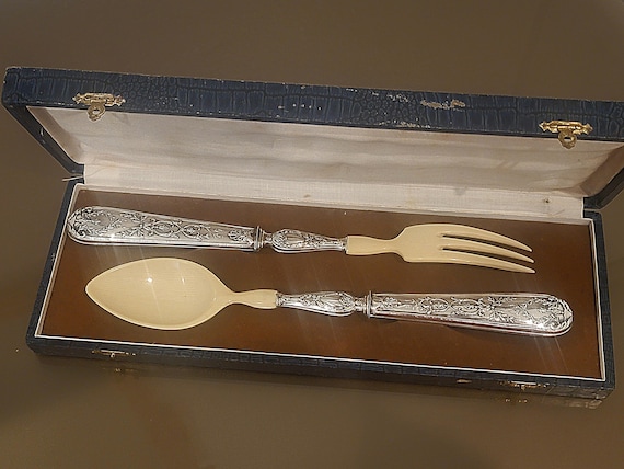 Antique French Sterling Silver Salad Serving Set – Cream Toned Serving Ends – 10-3/4" – Original Presentation Box – Elegant Louis XVI Style