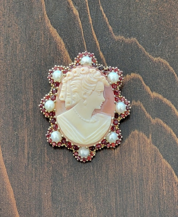 Vermeil Sterling Pearl and Garnet Cameo Pin