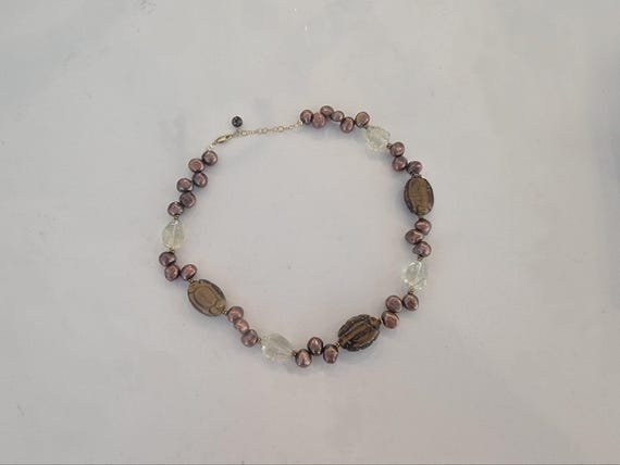 Vintage Freshwater Pearl & Smoky Quartz Necklace – Faceted Crystal Accents – Gold Filled Clasp – 18 Inch Elegant Neutral Jewelry